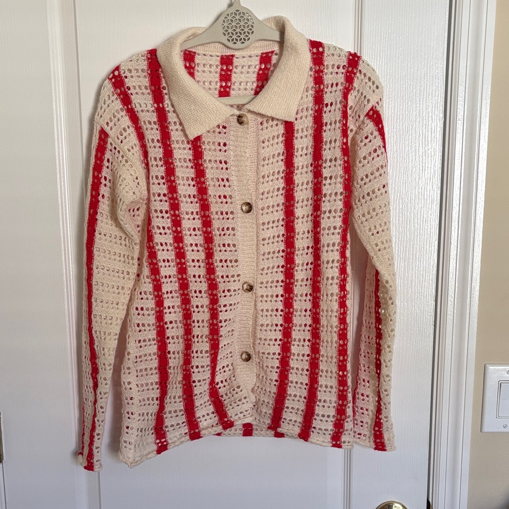 Striped Button Down Collared Knit Cardigan in Red and Cream